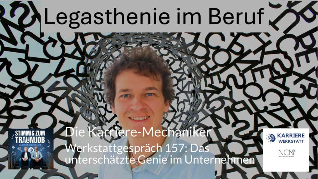 Podcast-Cover zur Episode „Legasthenie im Beruf“ der Karrierewerkstatt, mit Kreisl aus Buchstaben im Hintergrund und Logos von „Stimmig zum Traumjob“ und „Karrierewerkstatt“.