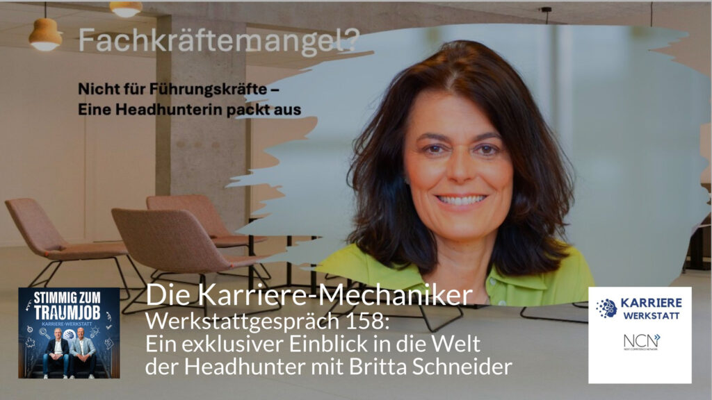 Podcast-Cover zu „Fachkräftemangel?“ der Karrierewerkstatt mit Veranstaltungstitel und den Logos von „Stimmig zum Traumjob“ und „Karrierewerkstatt“, im Hintergrund ein modernes Büro mit Sesseln.