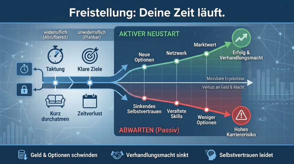 Zwei Karriereverläufe bei einer Freistellung nach Kündigung im Vergleich von aktivem Neustart und passivem Abwarten.