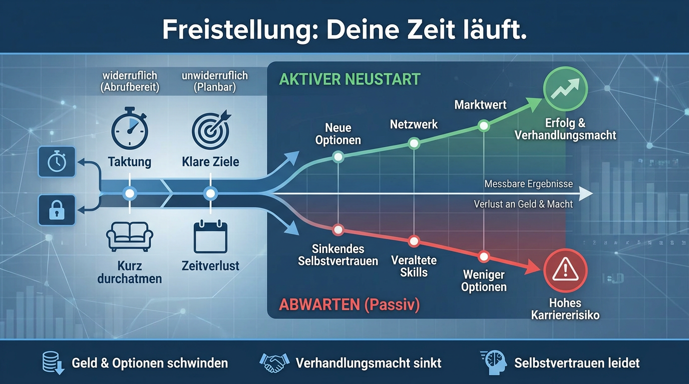 Zwei Karriereverläufe bei einer Freistellung nach Kündigung im Vergleich von aktivem Neustart und passivem Abwarten.