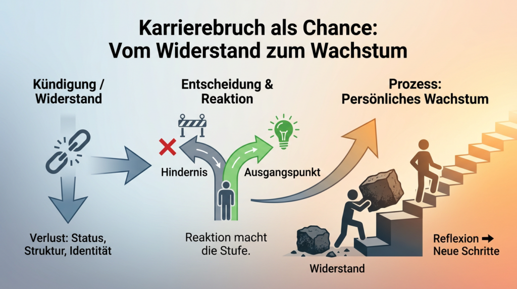 Weggabelung und Treppenstufen aus Felsen zeigen den Weg, um nach einer Kündigung Herausforderungen meistern zu können.