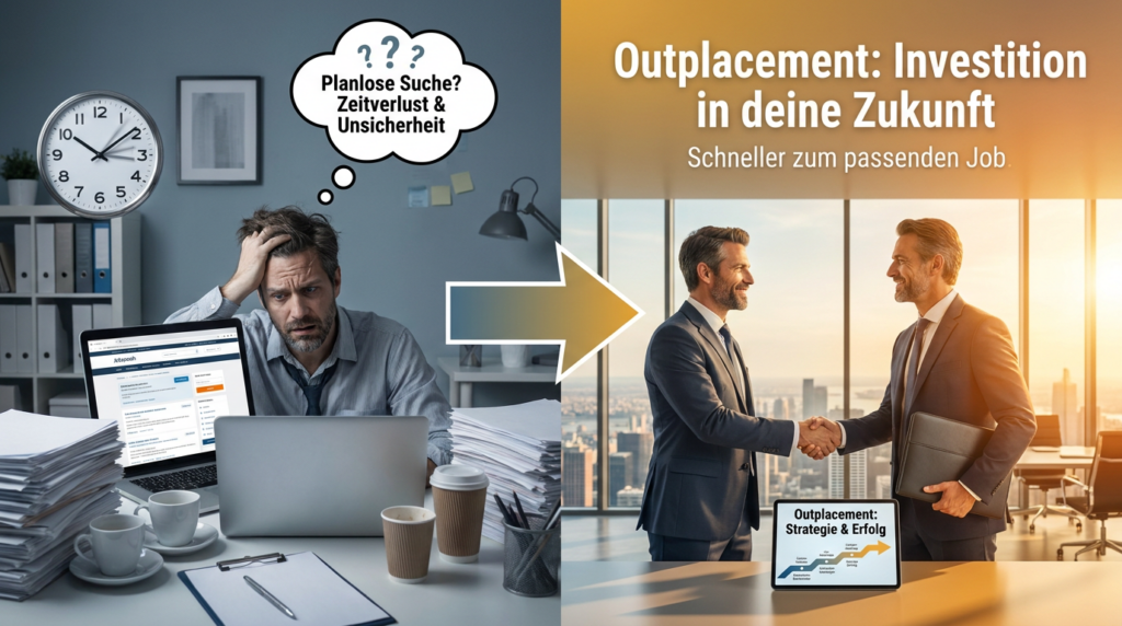 Outplacement für Arbeitnehmer führt vom überforderten Suchenden am Laptop zum erfolgreichen Händedruck im neuen Job.